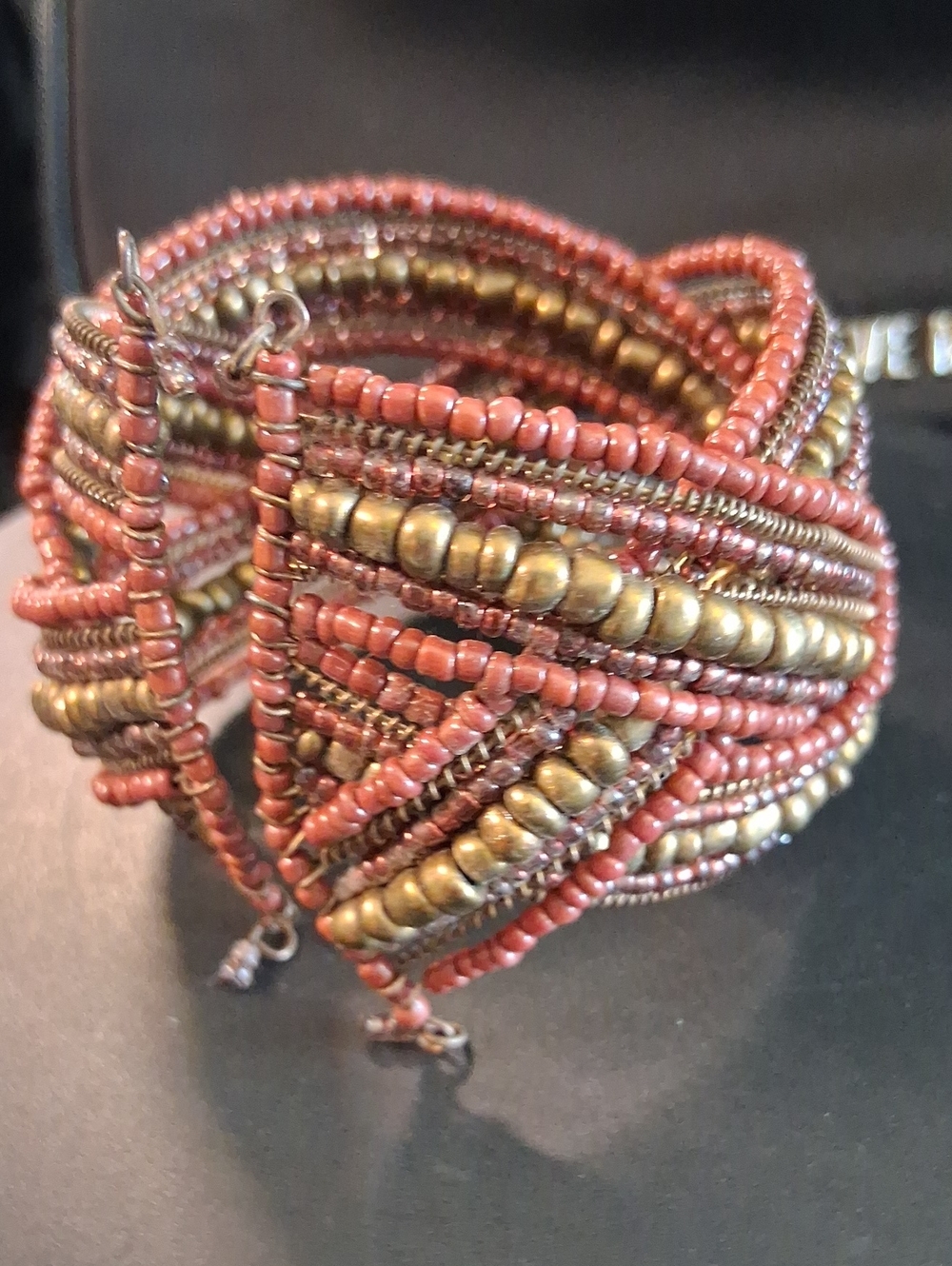 Stella & Dot Coral and Brass Multi-Strand Beaded Wrap Bracelet